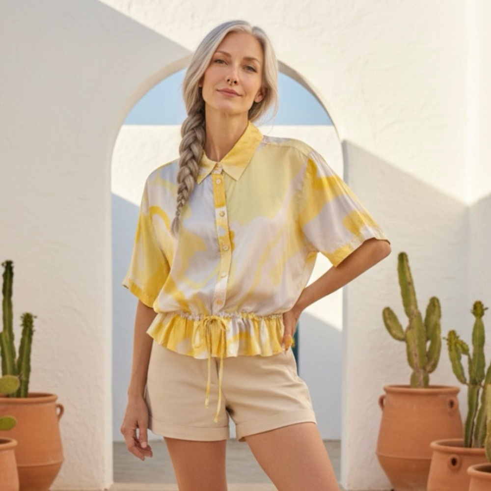 STINE GOYA Makayla Blouse Top Peplum Drawstring Yellow Gray Button Down Small